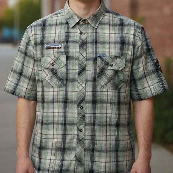 7 DIAMONDS Green Plaid Men's Button Down Short Sleeve Freedom Shirt XXL - Picture 3 of 7